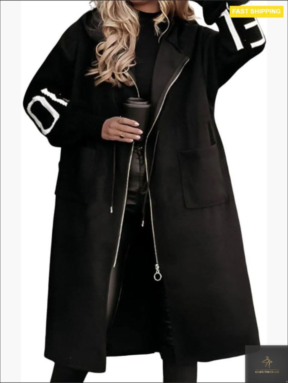 Wool Blend Hooded Overcoat with Knitted Sleeves Zip Up Long